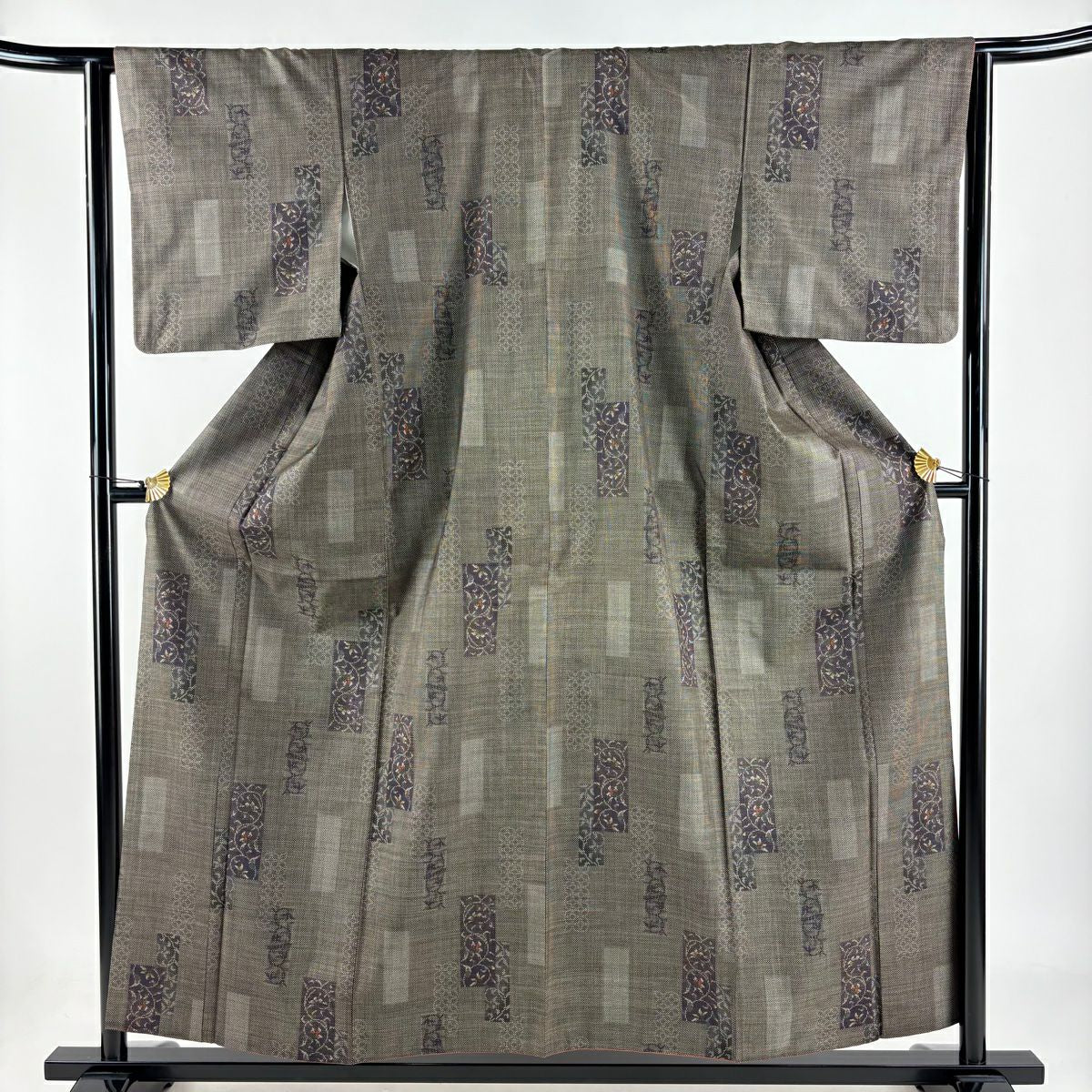 【美品】 紬織 身長157cm 袖長63.5cm S 雙層 短冊 花唐草紋 焦茶 純蠶絲 秀品級