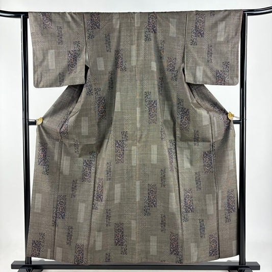 【美品】 紬織 身長157cm 袖長63.5cm S 雙層 短冊 花唐草紋 焦茶 純蠶絲 秀品級