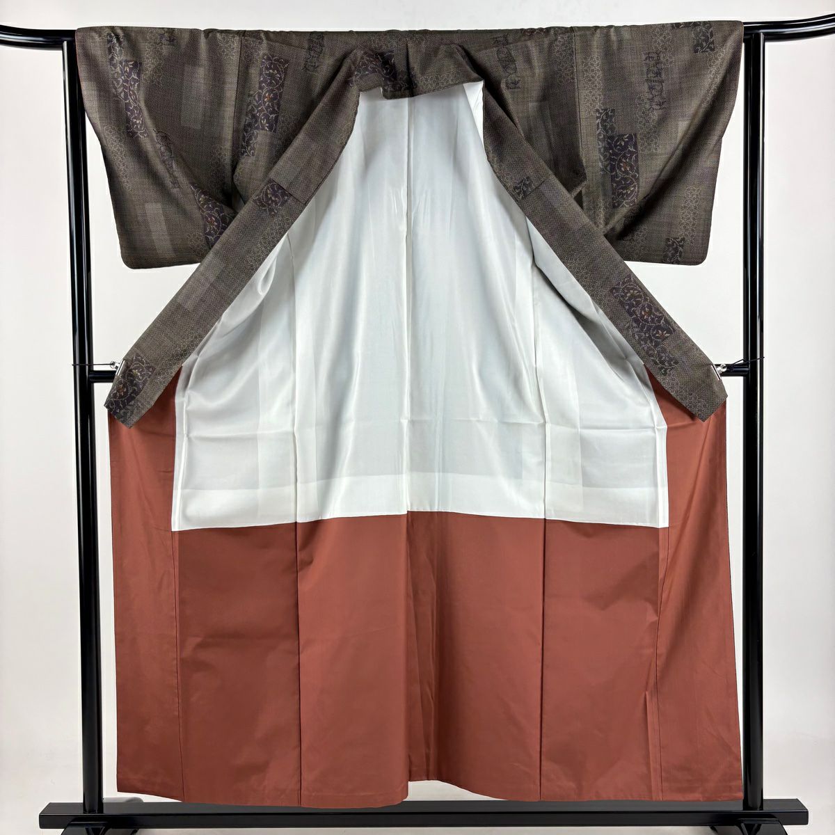 【美品】 紬織 身長157cm 袖長63.5cm S 雙層 短冊 花唐草紋 焦茶 純蠶絲 秀品級