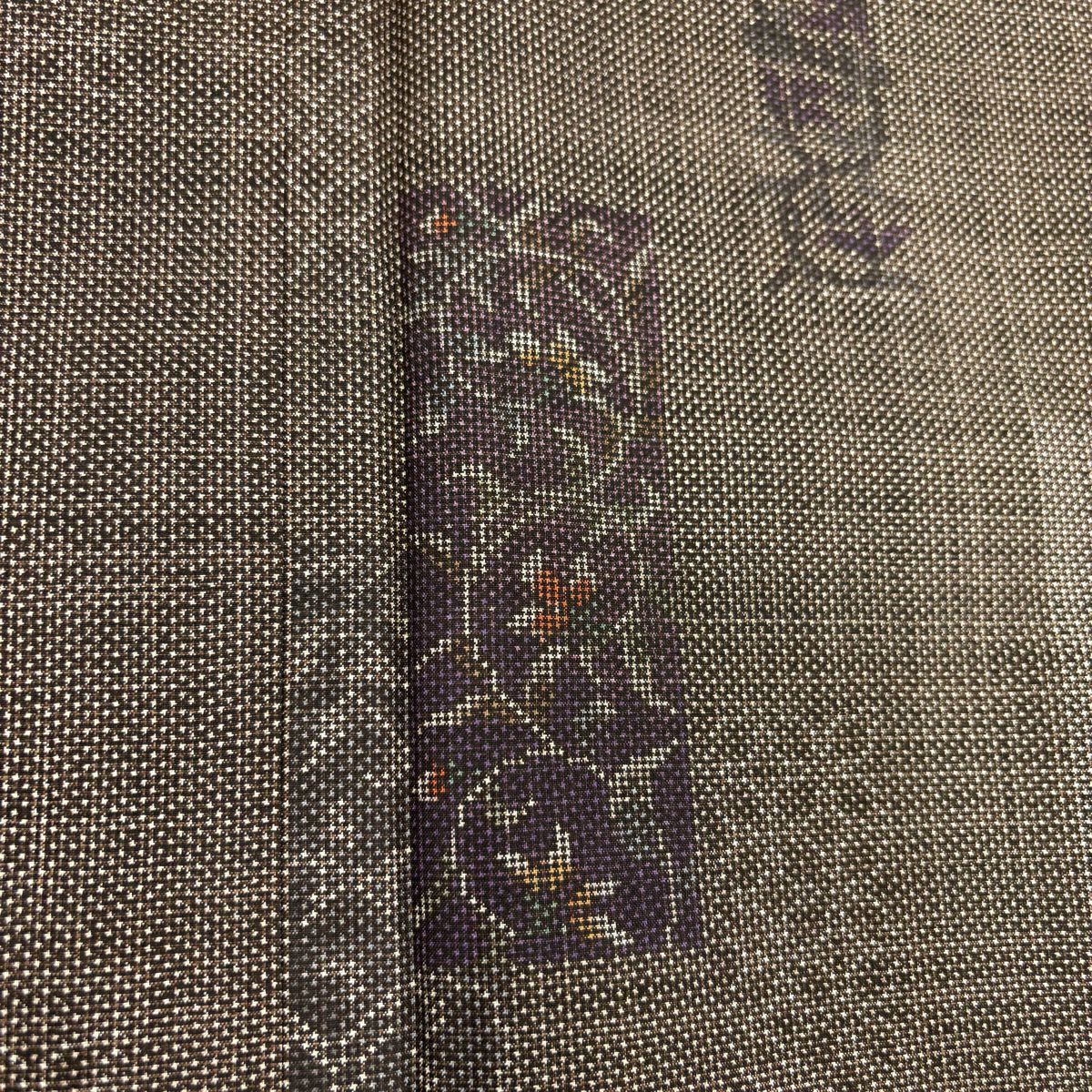 【美品】 紬織 身長157cm 袖長63.5cm S 雙層 短冊 花唐草紋 焦茶 純蠶絲 秀品級