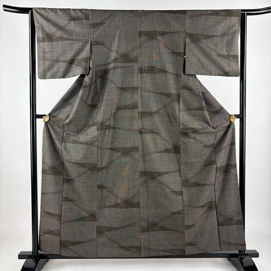 【美品】 紬織 身長159.5cm 袖長63cm S 雙層 鈕衫 幾何學 焦茶 純蠶絲 秀品級