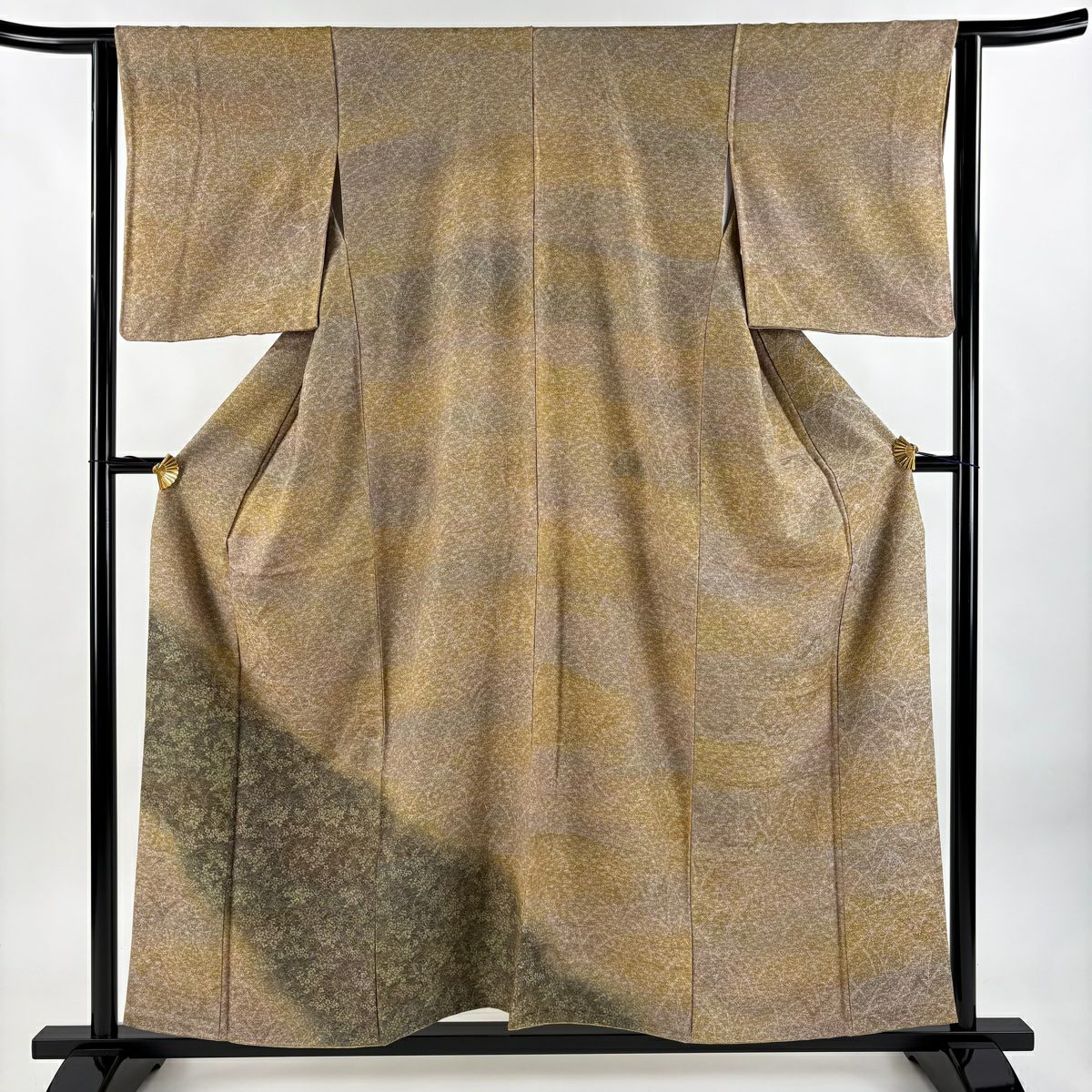 【美品】 付下 身長157cm 袖長62.5cm S 雙層 草花紋紋 漸層 金銀彩 黃土 純蠶絲 優品級