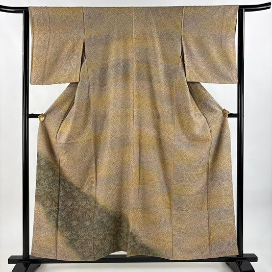 【美品】 付下 身長157cm 袖長62.5cm S 雙層 草花紋紋 漸層 金銀彩 黃土 純蠶絲 優品級