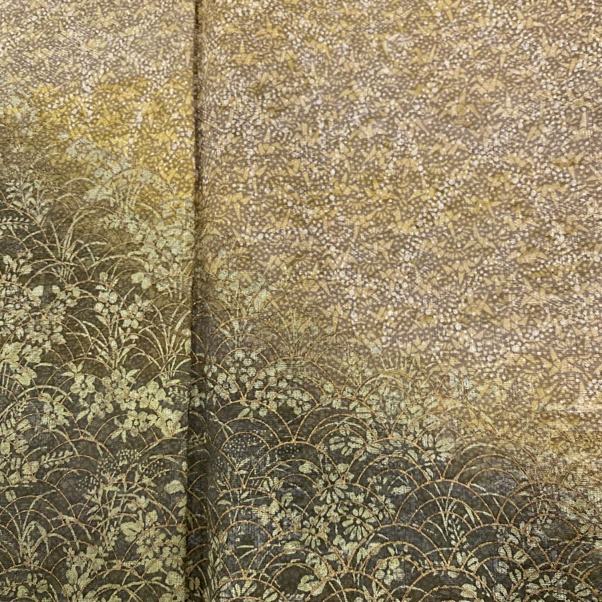 【美品】 付下 身長157cm 袖長62.5cm S 雙層 草花紋紋 漸層 金銀彩 黃土 純蠶絲 優品級