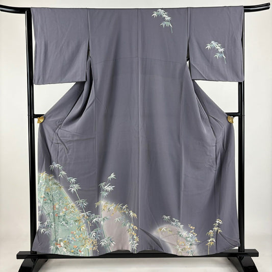 付下 身長156.5cm 袖長64cm M 雙層 竹子 菊花 染分 淡化 灰紫 純蠶絲 優品級