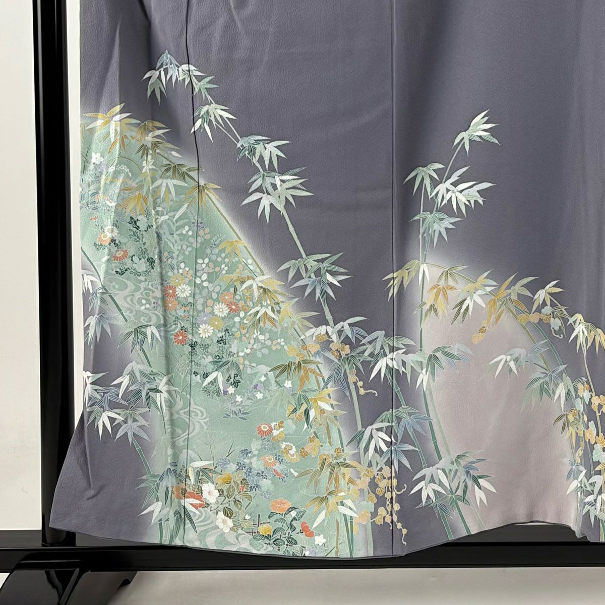 付下 身長156.5cm 袖長64cm M 雙層 竹子 菊花 染分 淡化 灰紫 純蠶絲 優品級