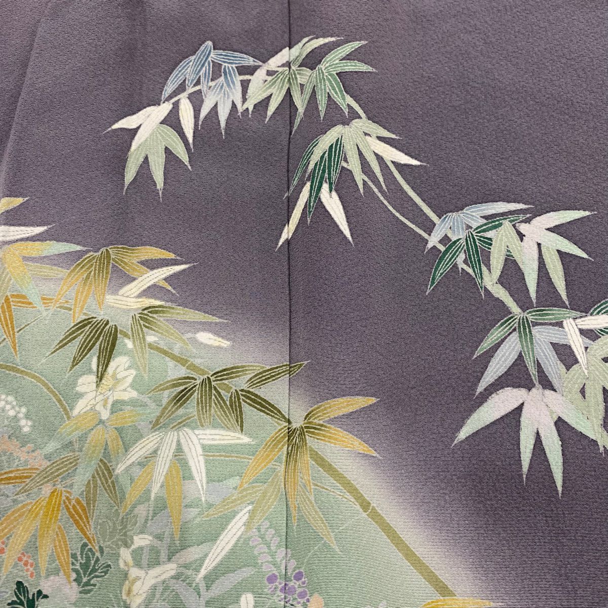 付下 身長156.5cm 袖長64cm M 雙層 竹子 菊花 染分 淡化 灰紫 純蠶絲 優品級