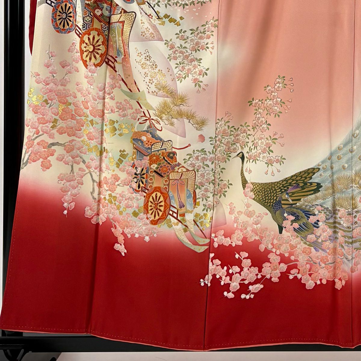 振袖禮服 身長157cm 袖長64.5cm M 雙層 御所車 櫻花 金銀彩 漸層 粉色 純蠶絲 優品級