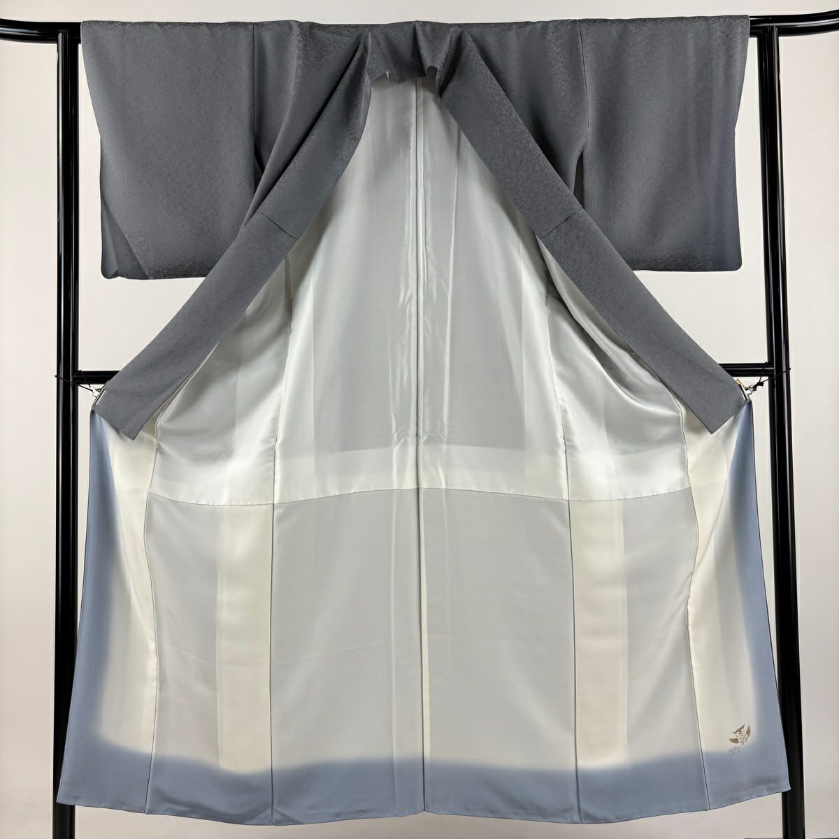 【美品】 付下 身長152cm 袖長61.5cm S 雙層 落款あり 貓頭鷹 金銀彩 漸層 灰色 純蠶絲 逸品級