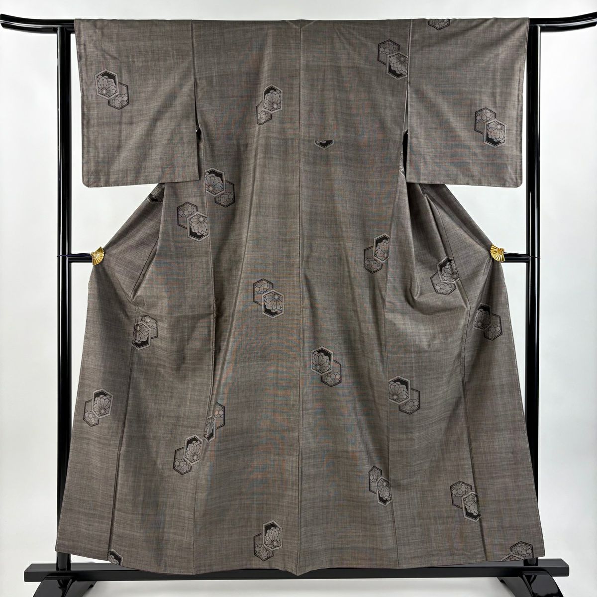 紬織 身長157cm 袖長62cm S 雙層 龜甲 菊花 焦茶 純蠶絲 秀品級