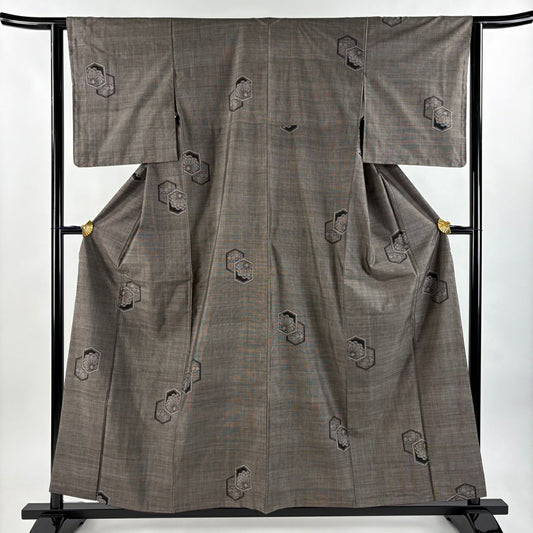 紬織 身長157cm 袖長62cm S 雙層 龜甲 菊花 焦茶 純蠶絲 秀品級