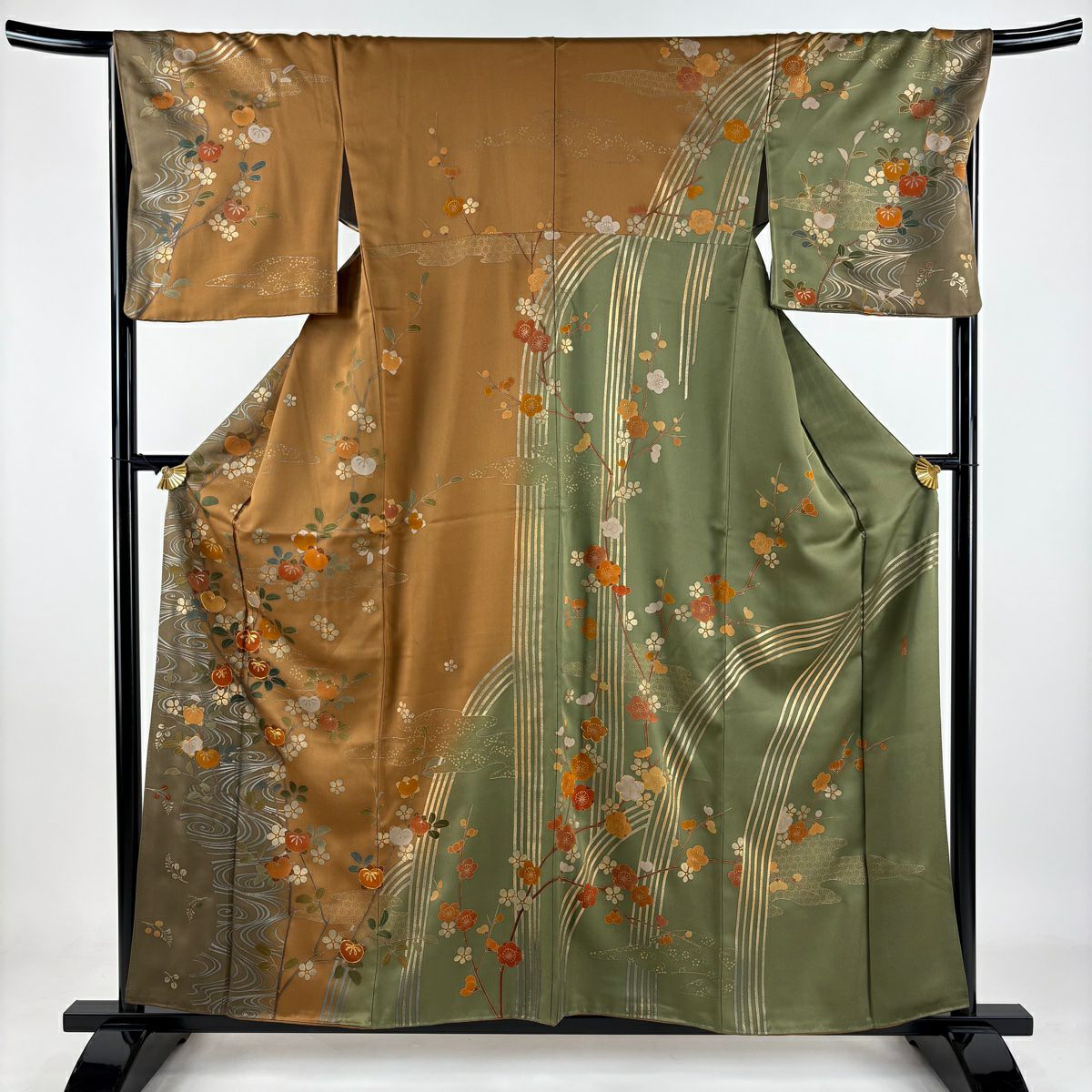 訪問服 身長159cm 袖長66cm M 雙層 落款あり 橘花 観世水 金絲 金銀彩 茶 純蠶絲 秀品級