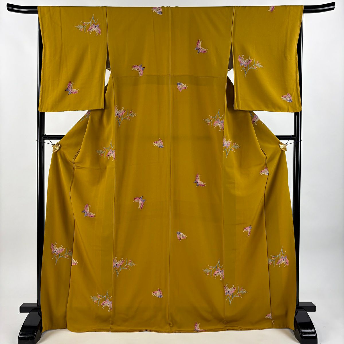 【美品】 小紋 身長173cm 袖長66cm M 雙層 蝶 松樹梅花 山吹茶 純蠶絲 秀品級