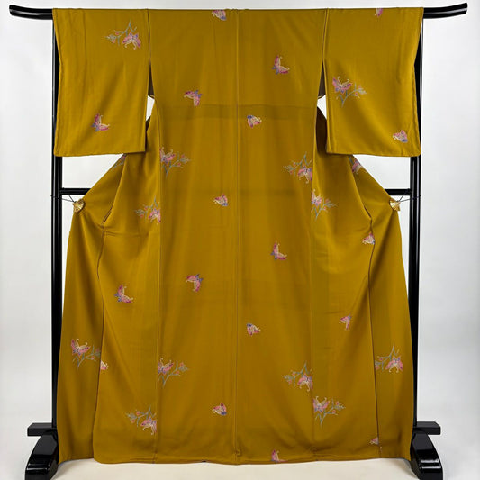 【美品】 小紋 身長173cm 袖長66cm M 雙層 蝶 松樹梅花 山吹茶 純蠶絲 秀品級