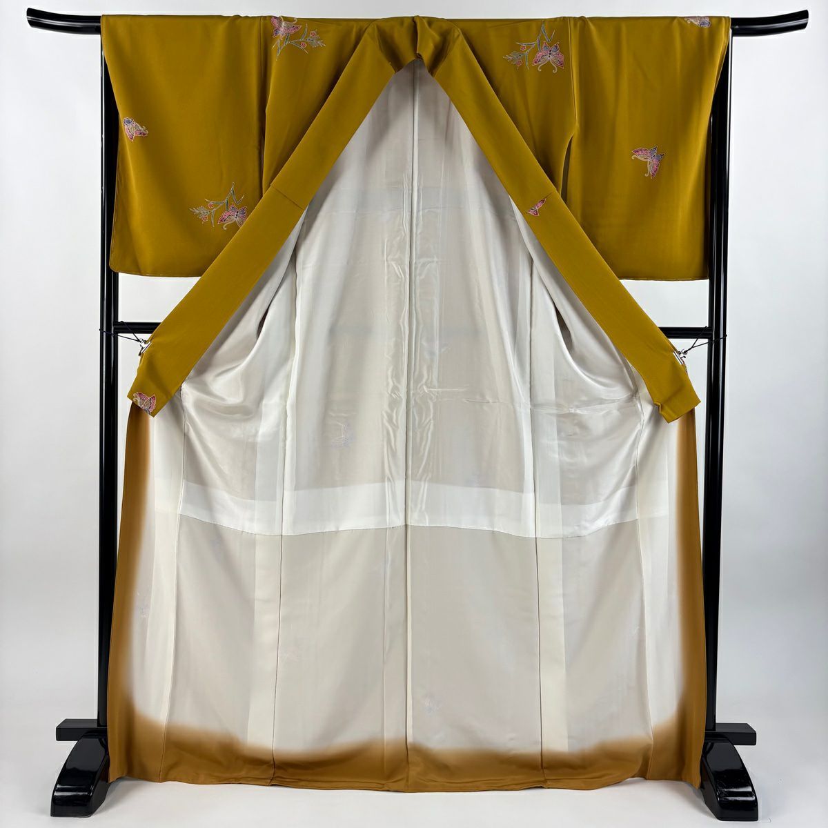 【美品】 小紋 身長173cm 袖長66cm M 雙層 蝶 松樹梅花 山吹茶 純蠶絲 秀品級