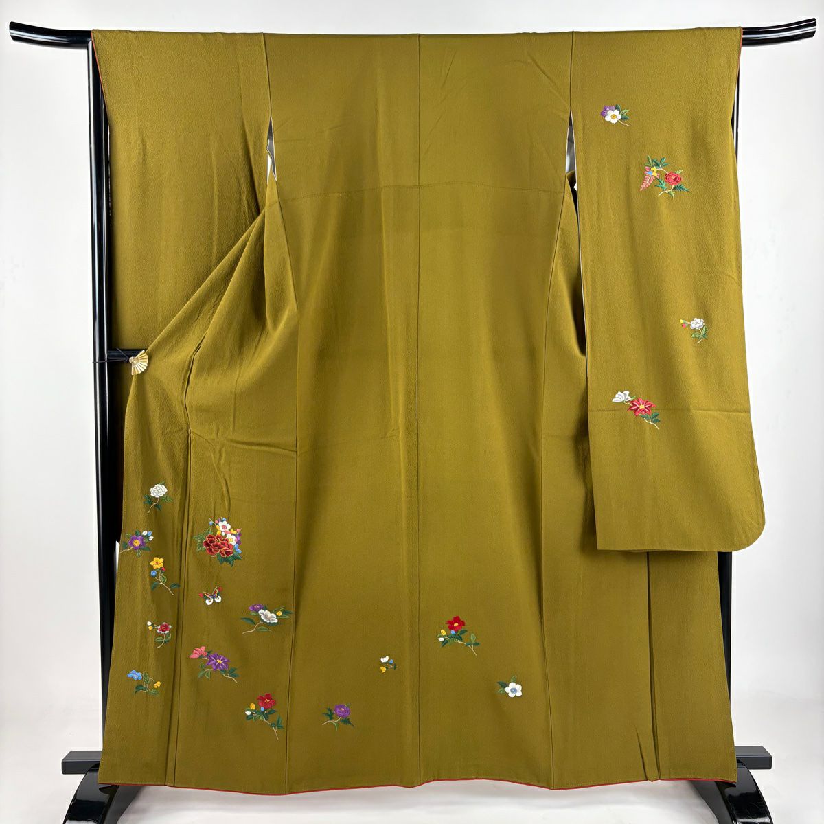 【庫存清倉】振袖禮服 身長160.5cm 袖長66cm M 雙層 草花紋紋 蝶刺繡 金絲 茶綠 純蠶絲 名品級