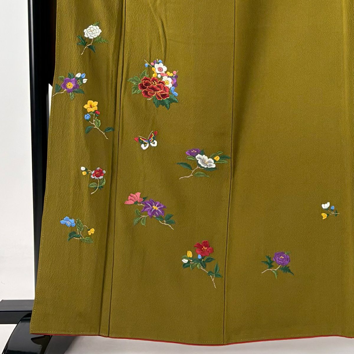 【庫存清倉】振袖禮服 身長160.5cm 袖長66cm M 雙層 草花紋紋 蝶刺繡 金絲 茶綠 純蠶絲 名品級