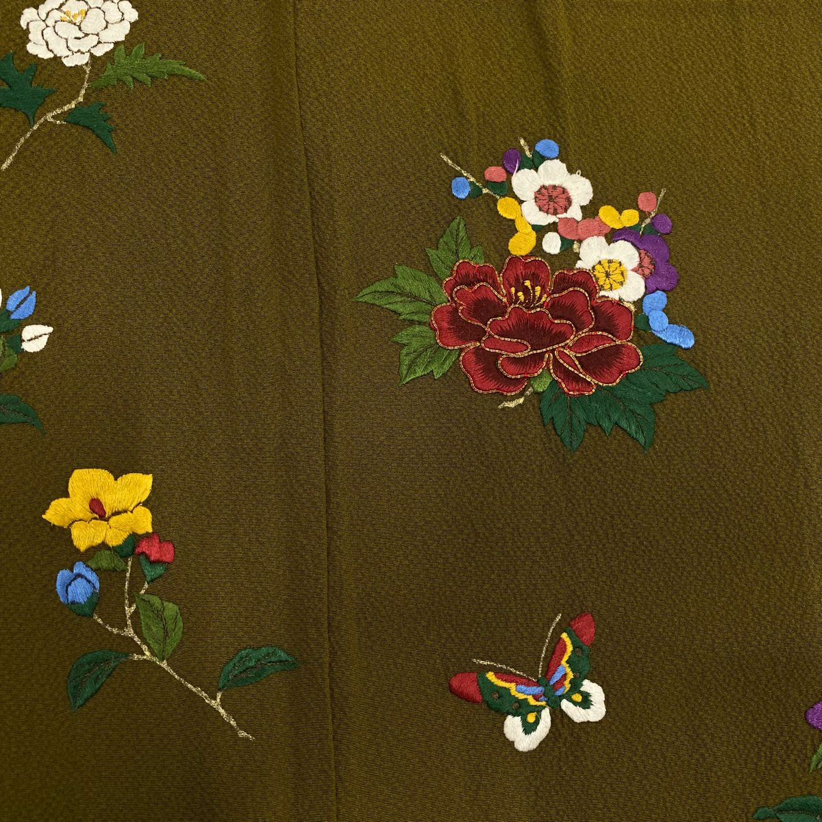 【庫存清倉】振袖禮服 身長160.5cm 袖長66cm M 雙層 草花紋紋 蝶刺繡 金絲 茶綠 純蠶絲 名品級