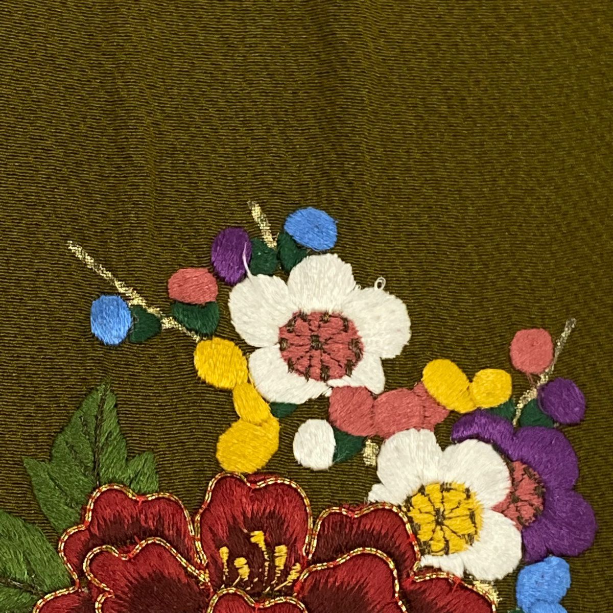 【庫存清倉】振袖禮服 身長160.5cm 袖長66cm M 雙層 草花紋紋 蝶刺繡 金絲 茶綠 純蠶絲 名品級