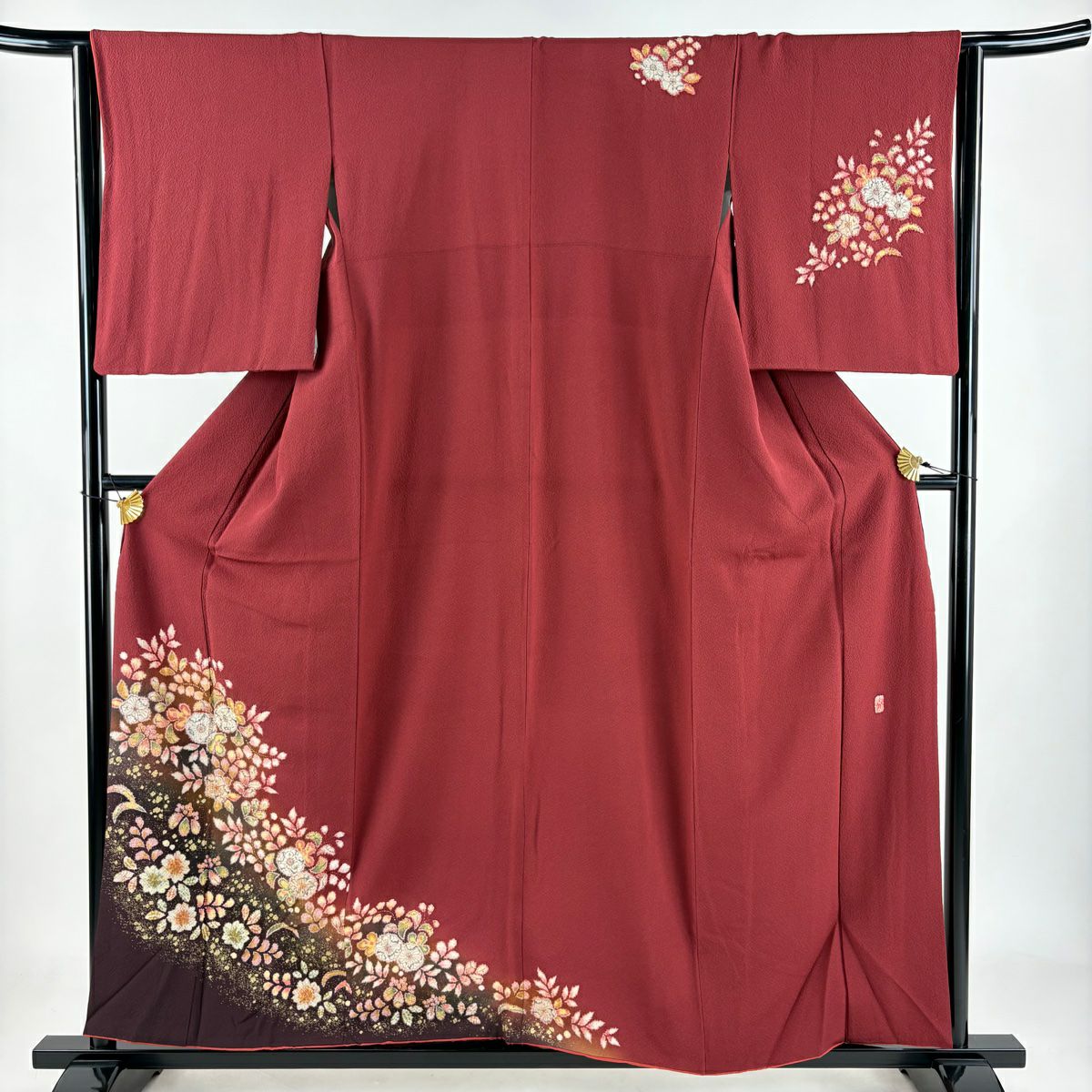 【庫存清倉】 付下 身長156.5cm 袖長63.5cm S 雙層 翠山工房 大和 有落款 辻花染 金銀彩 漸層 深紅色 純蠶絲 名品級