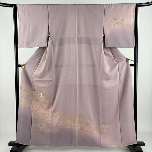 【庫存清倉】 付下 身長159.5cm 袖長63cm S 雙層 扇子面 草花紋刺繡 漸層 淡紫 純蠶絲 名品級