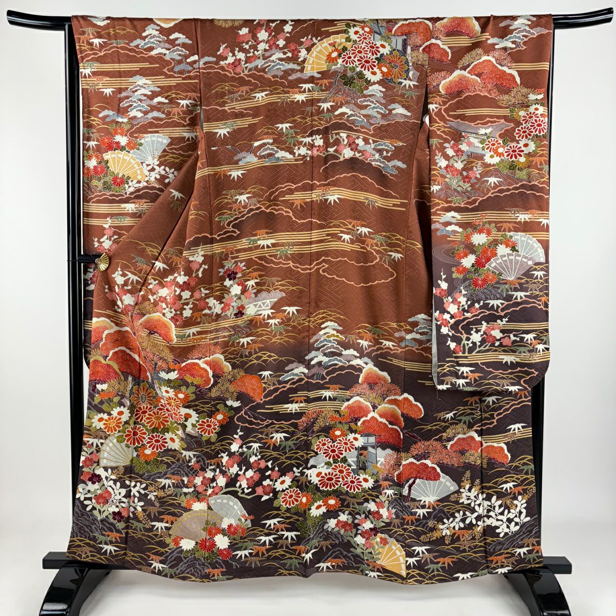 【庫存清倉】振袖禮服 身長160cm 袖長66.5cm M 雙層 御所車 松樹竹子梅花 金絲 金銀彩 紅茶 純蠶絲 名品級
