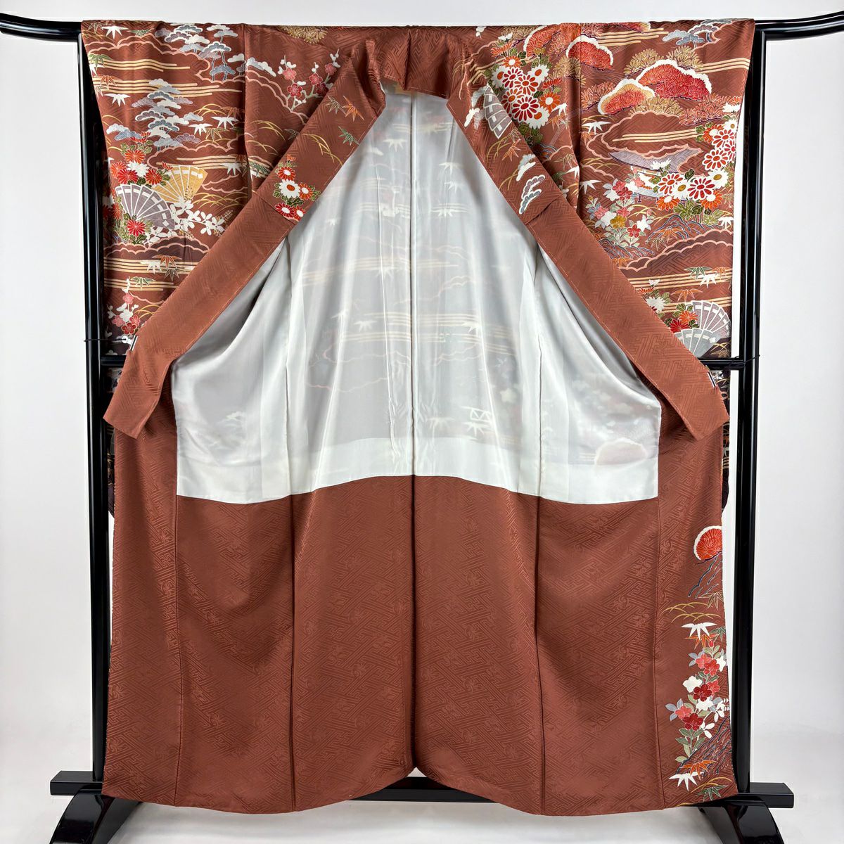 【庫存清倉】振袖禮服 身長160cm 袖長66.5cm M 雙層 御所車 松樹竹子梅花 金絲 金銀彩 紅茶 純蠶絲 名品級