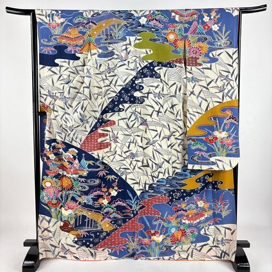【庫存清倉】振袖禮服 身長168cm 袖長64cm M 雙層 家屋 松樹竹子梅花 染分 絞織 奶油色 純蠶絲 名品級