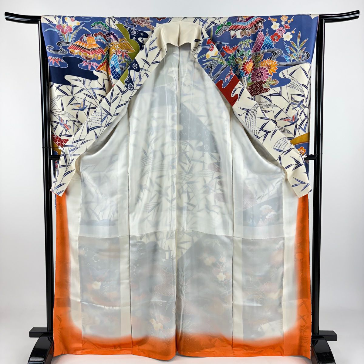 【庫存清倉】振袖禮服 身長168cm 袖長64cm M 雙層 家屋 松樹竹子梅花 染分 絞織 奶油色 純蠶絲 名品級