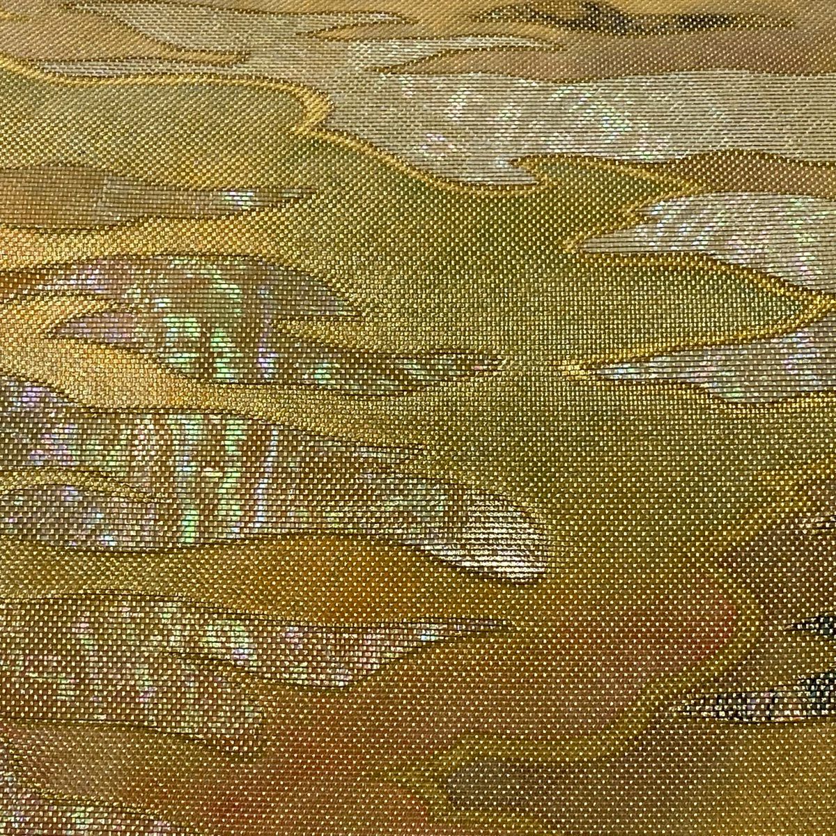 【美品】 袋帶 逸品級 落款 木村間幸 霞 螺鈿金金箔 金線 金色 大鼓圖案 純蠶絲