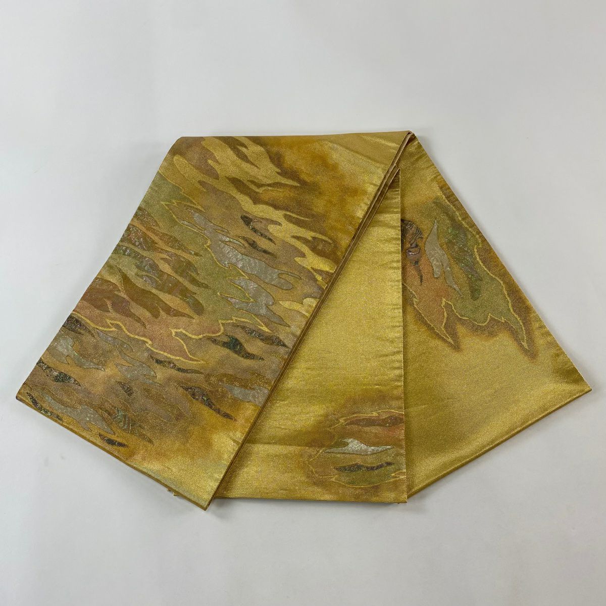 【美品】 袋帶 逸品級 落款 木村間幸 霞 螺鈿金金箔 金線 金色 大鼓圖案 純蠶絲