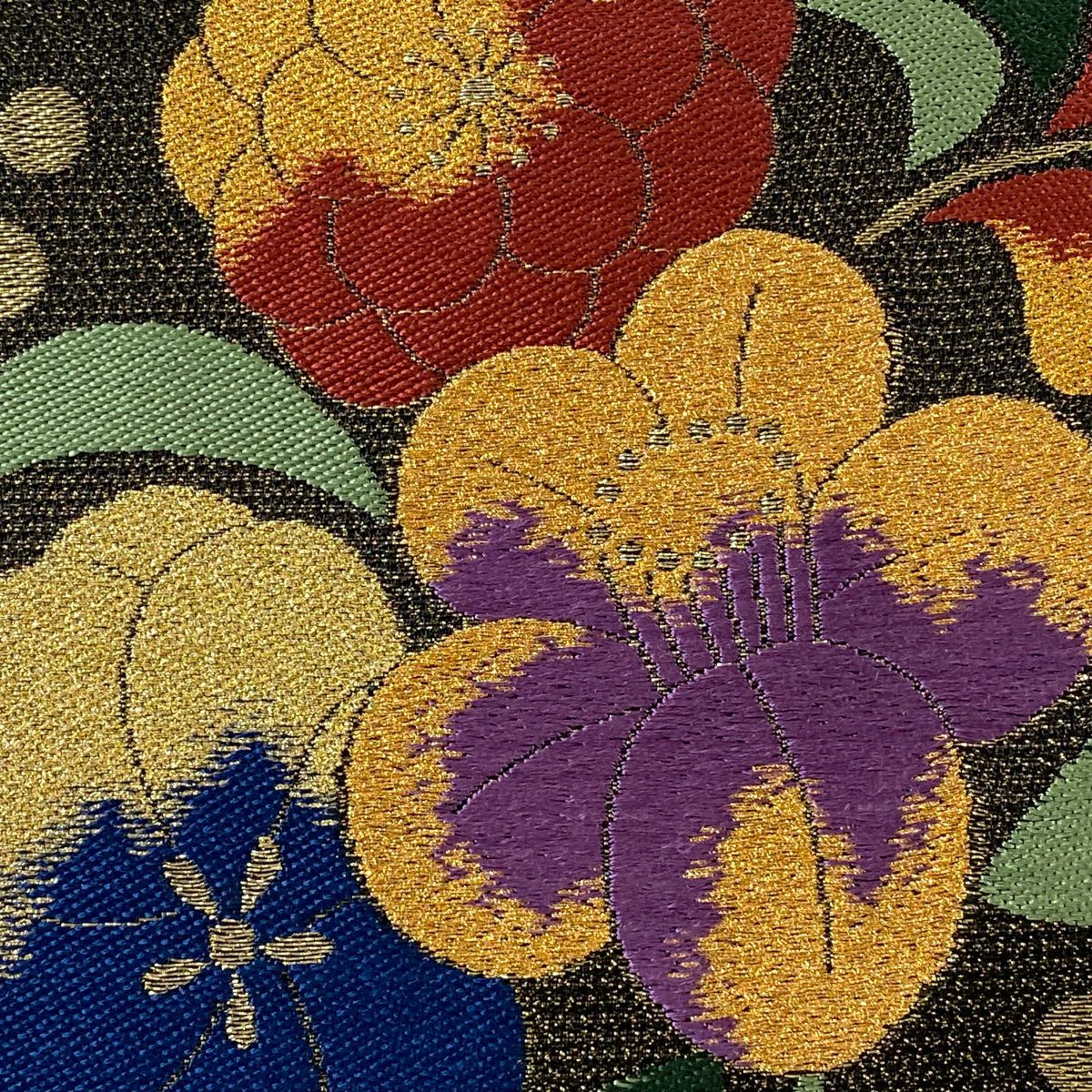 【清倉特賣】 【美品】 袋帶 名品級 關西仕立 雪茶 草花紋刺繡 金金箔 黑 六通 純蠶絲