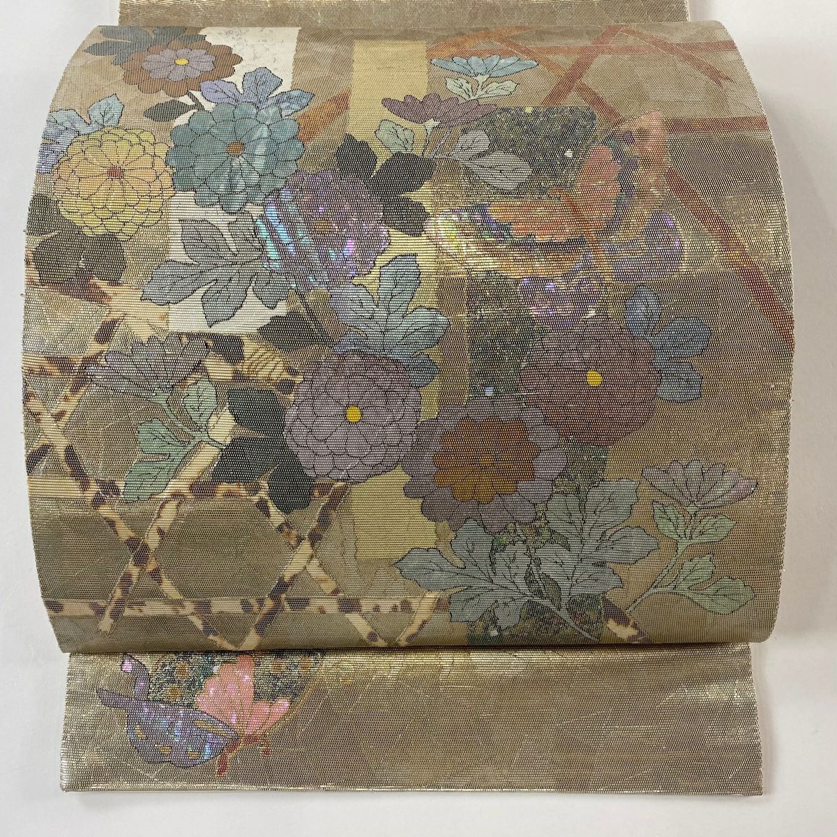 【庫存清倉】 袋帶 名品級 蝴蝶 菊花花 螺鈿金金箔 金色 大鼓圖案 純蠶絲
