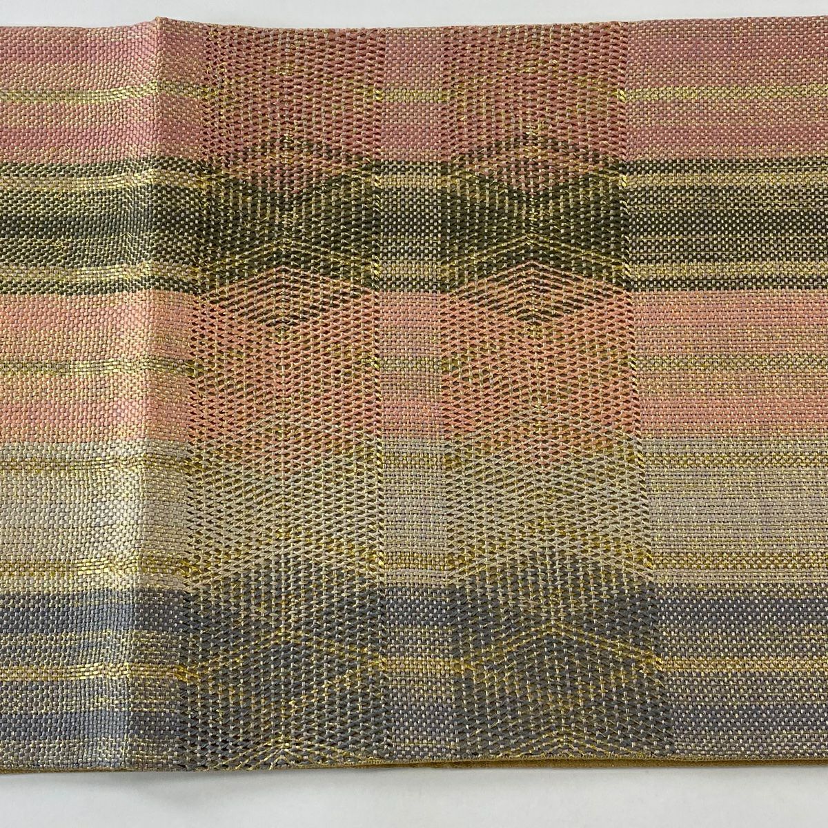 【庫存清倉】 【美品】 袋帶 名品級 幾何圖案 條紋 金絲 粉紅色 大鼓圖案 純蠶絲