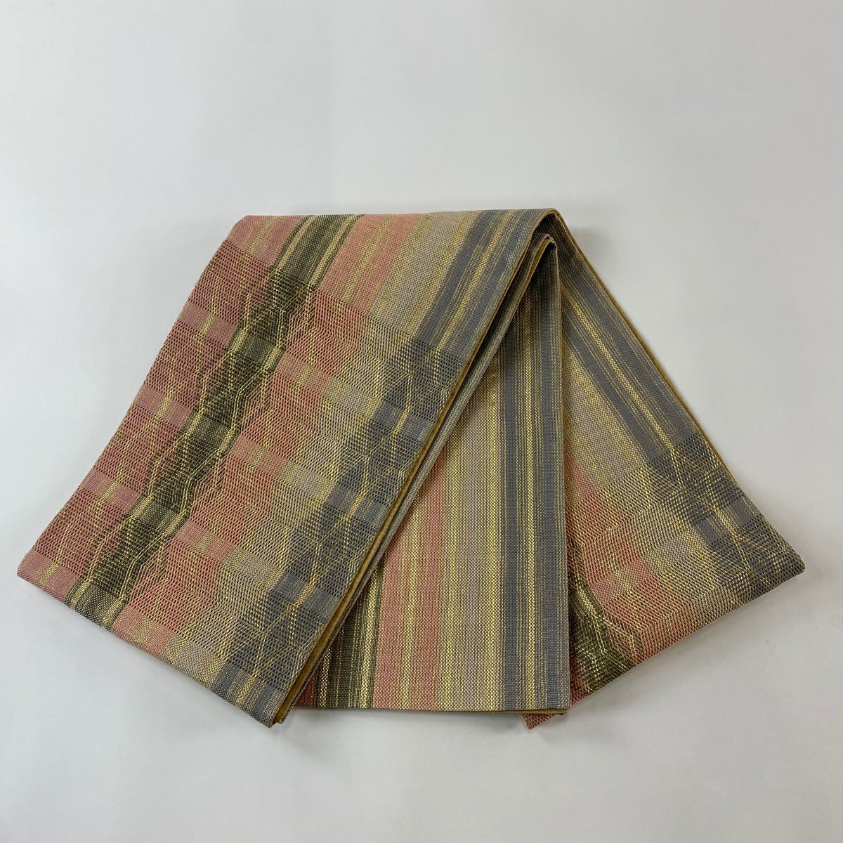 【庫存清倉】 【美品】 袋帶 名品級 幾何圖案 條紋 金絲 粉紅色 大鼓圖案 純蠶絲