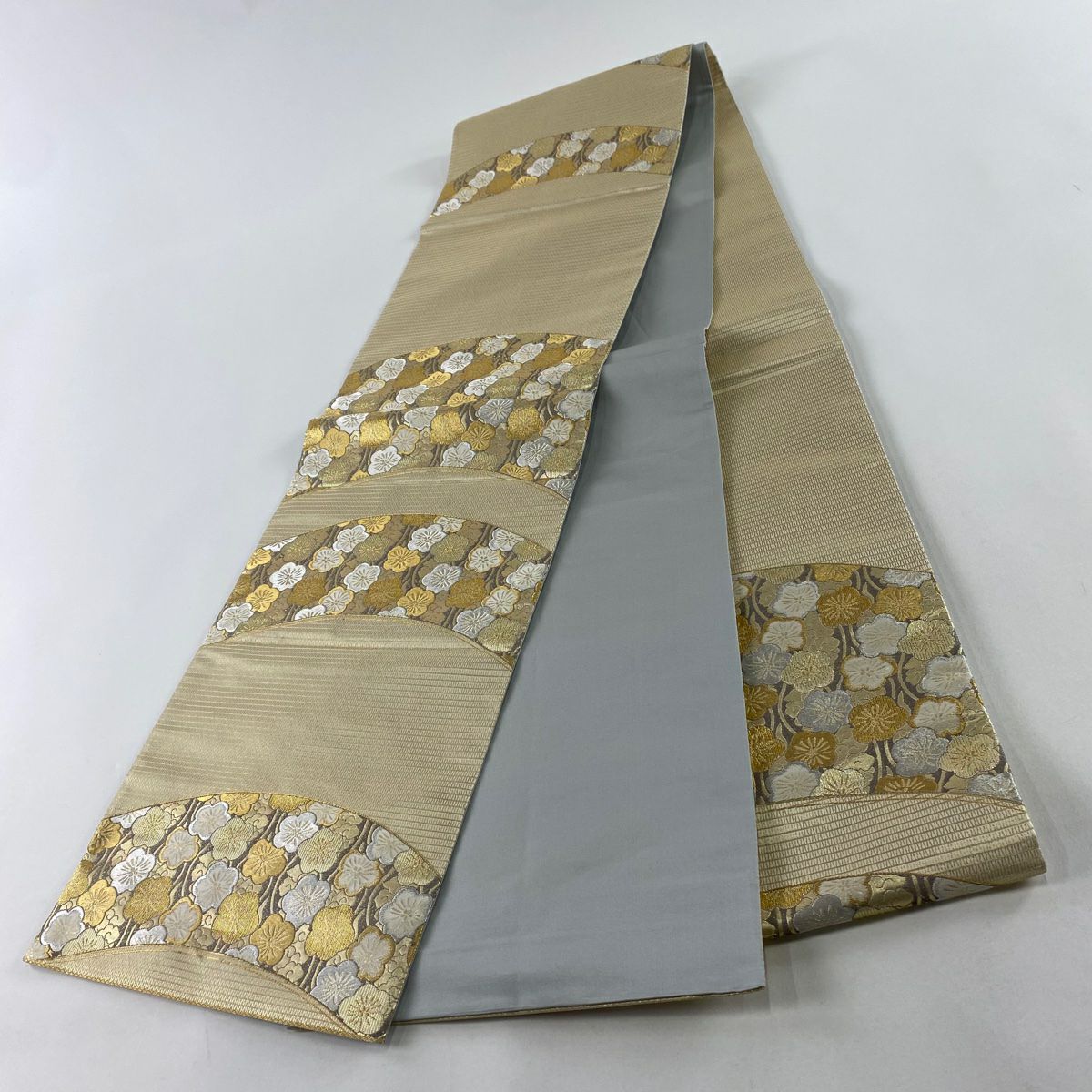 袋帶 秀品級 梅花 金絲 金金箔 米色 六通 純蠶絲
