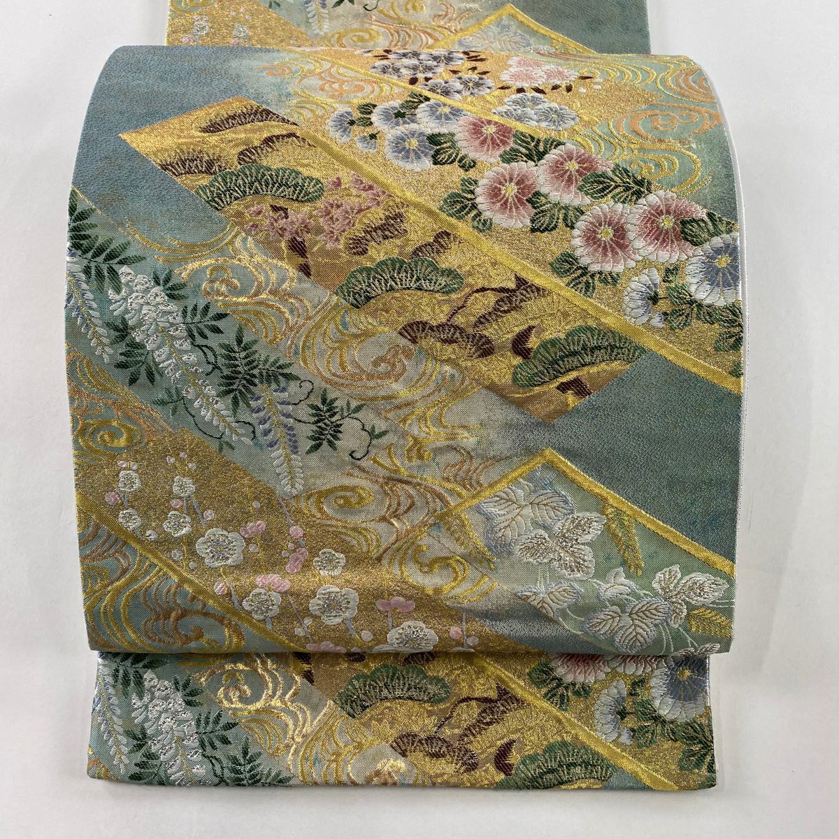 【美品】 袋帶 秀品級 熨斗紋 流水 金絲 金金箔 淺綠 六通 純蠶絲