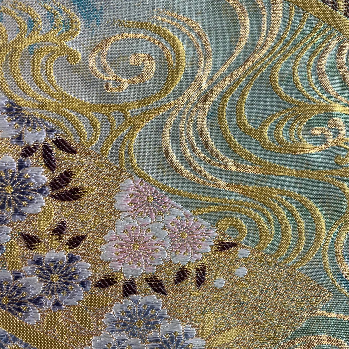 【美品】 袋帶 秀品級 熨斗紋 流水 金絲 金金箔 淺綠 六通 純蠶絲