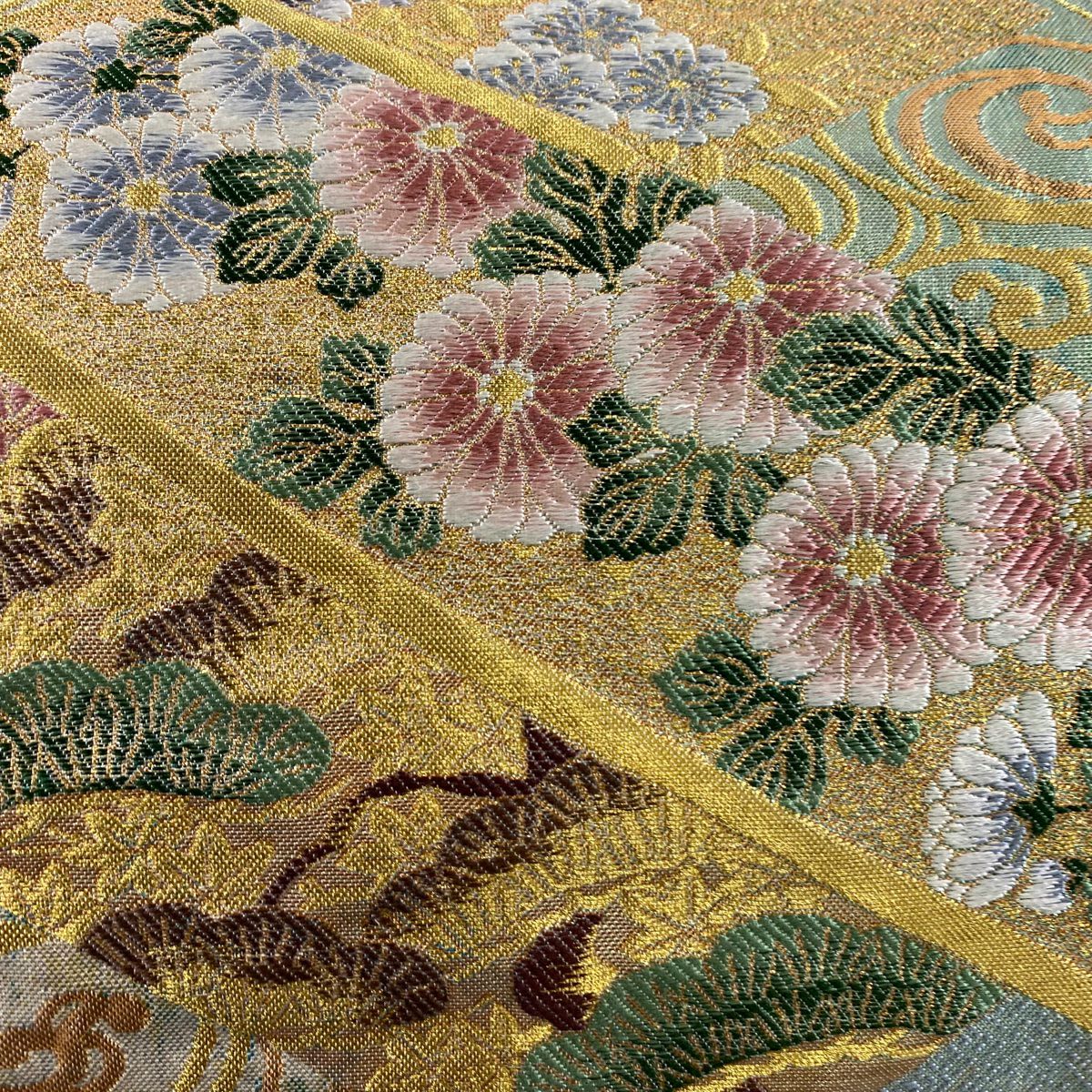 【美品】 袋帶 秀品級 熨斗紋 流水 金絲 金金箔 淺綠 六通 純蠶絲