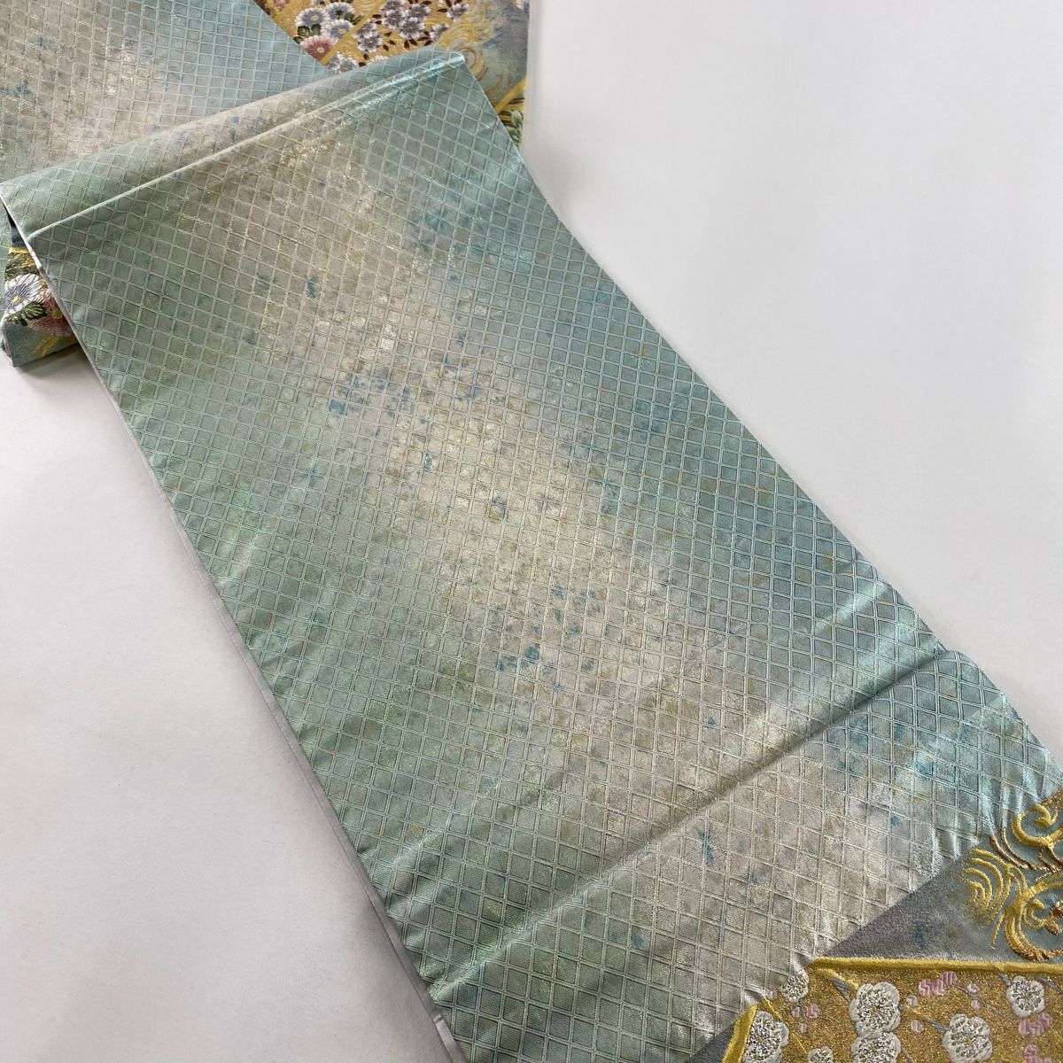 【美品】 袋帶 秀品級 熨斗紋 流水 金絲 金金箔 淺綠 六通 純蠶絲