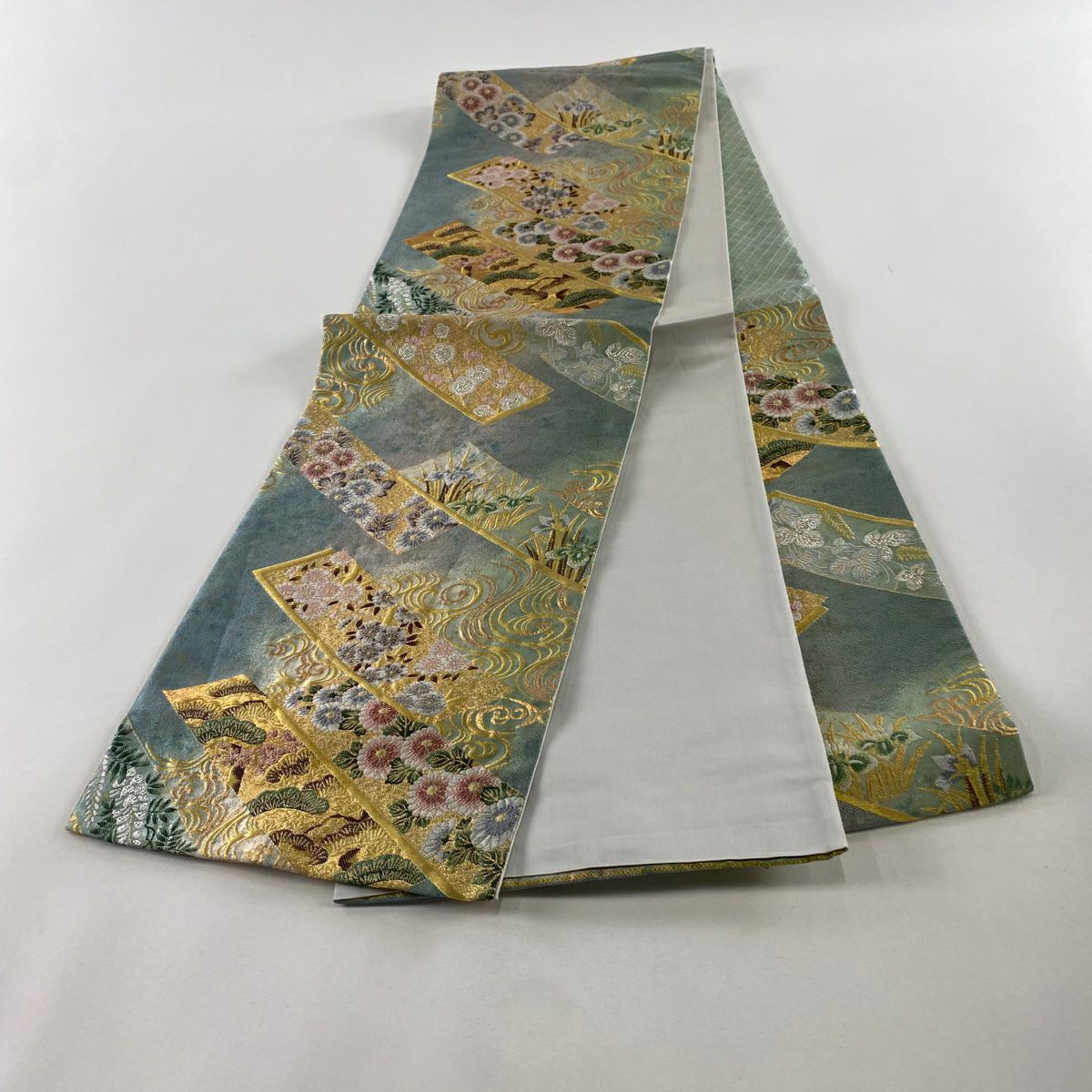 【美品】 袋帶 秀品級 熨斗紋 流水 金絲 金金箔 淺綠 六通 純蠶絲