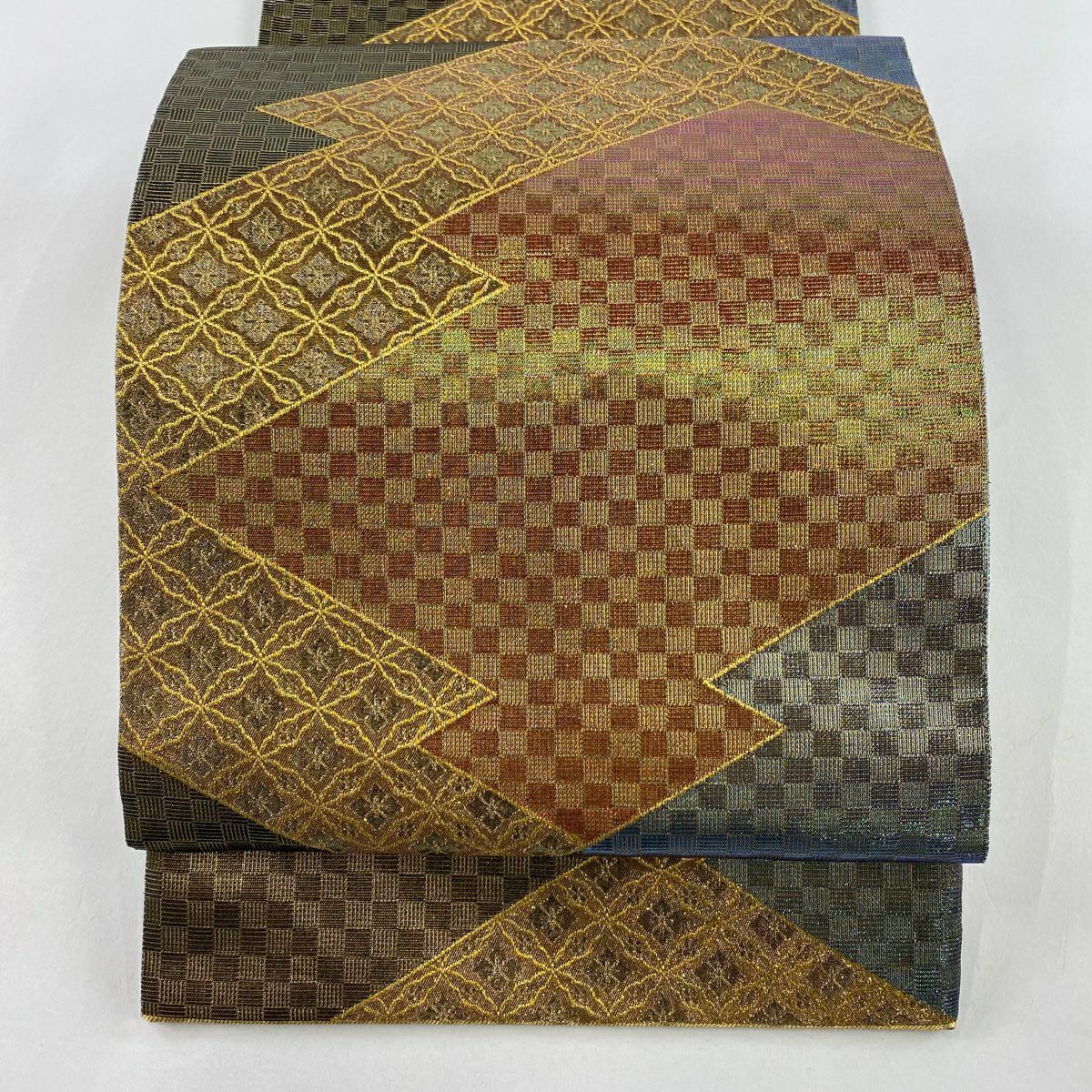 【美品】 袋帶 秀品級 落款 七寶 市松樹 金絲 金金箔 金茶 六通 純蠶絲