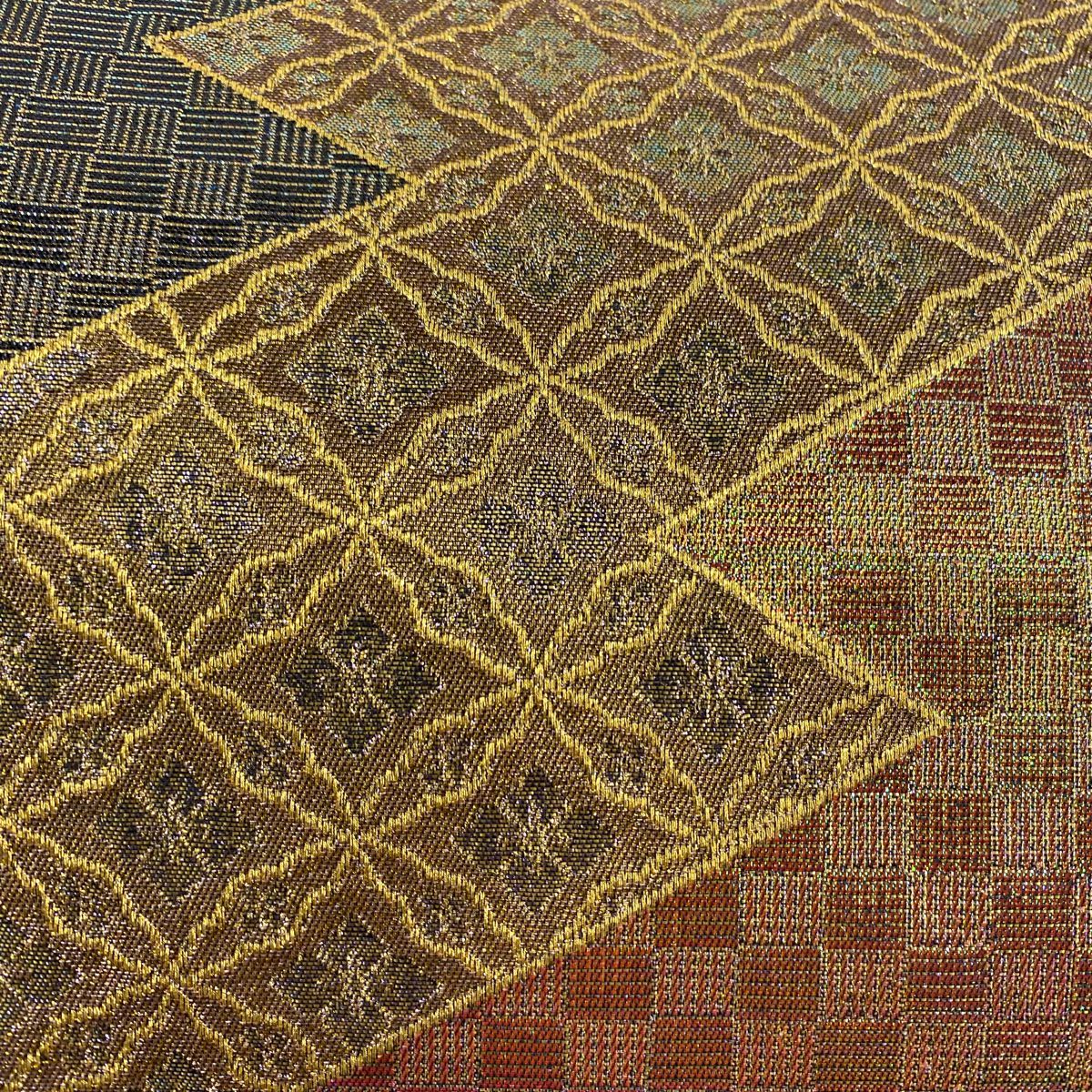 【美品】 袋帶 秀品級 落款 七寶 市松樹 金絲 金金箔 金茶 六通 純蠶絲