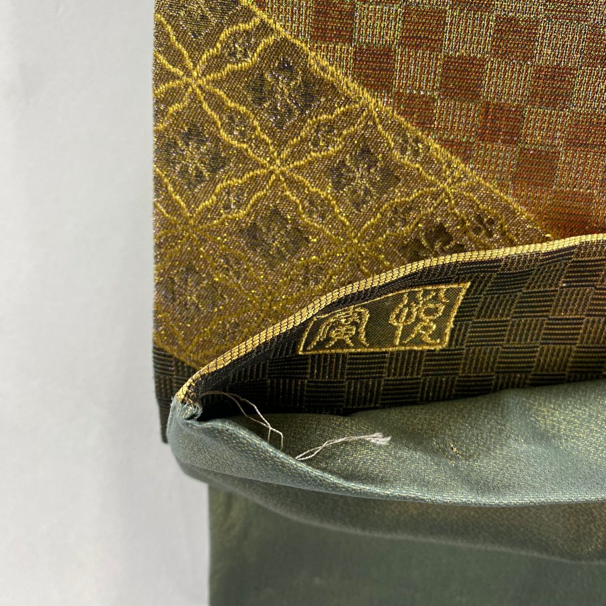 【美品】 袋帶 秀品級 落款 七寶 市松樹 金絲 金金箔 金茶 六通 純蠶絲