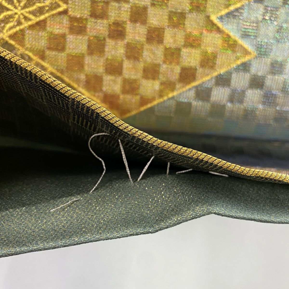 【美品】 袋帶 秀品級 落款 七寶 市松樹 金絲 金金箔 金茶 六通 純蠶絲