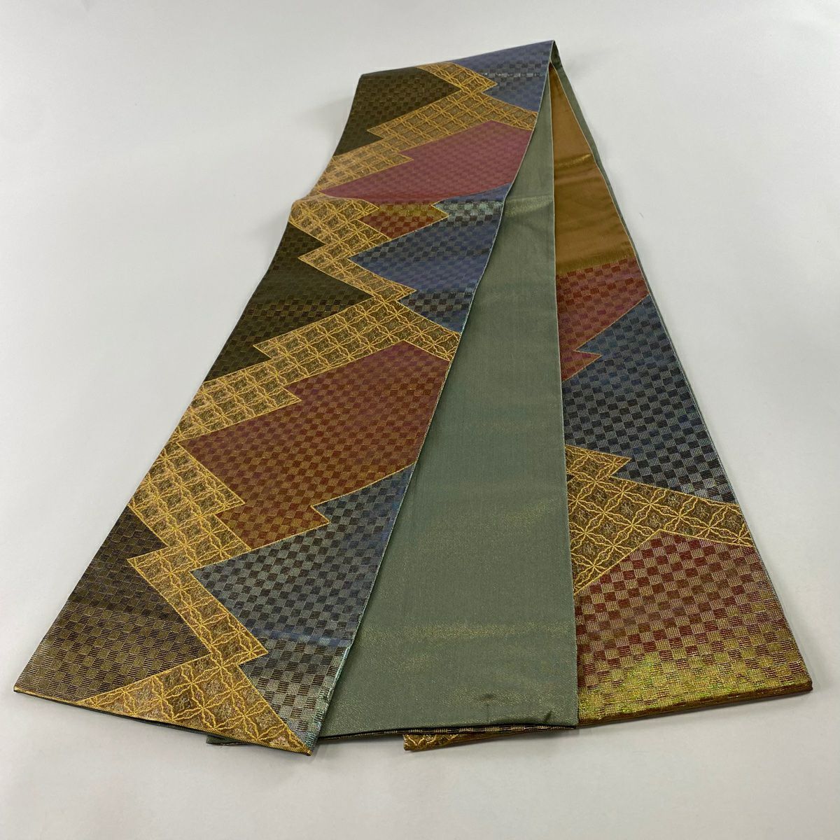 【美品】 袋帶 秀品級 落款 七寶 市松樹 金絲 金金箔 金茶 六通 純蠶絲