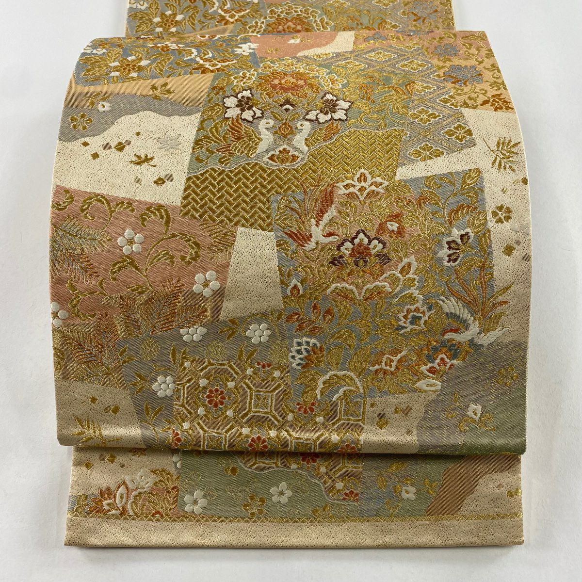【美品】 袋帶 秀品級 關西仕立 色紙 向鳥 金絲 金金箔 米色 六通 純蠶絲