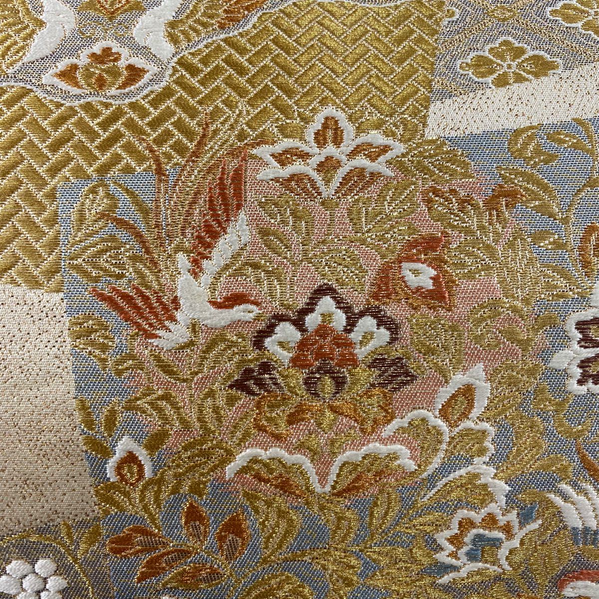 【美品】 袋帶 秀品級 關西仕立 色紙 向鳥 金絲 金金箔 米色 六通 純蠶絲