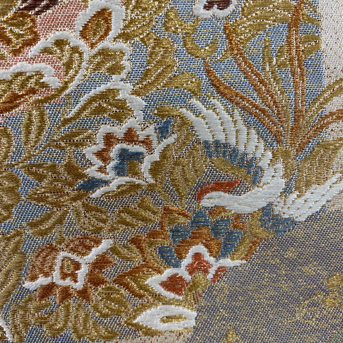 【美品】 袋帶 秀品級 關西仕立 色紙 向鳥 金絲 金金箔 米色 六通 純蠶絲