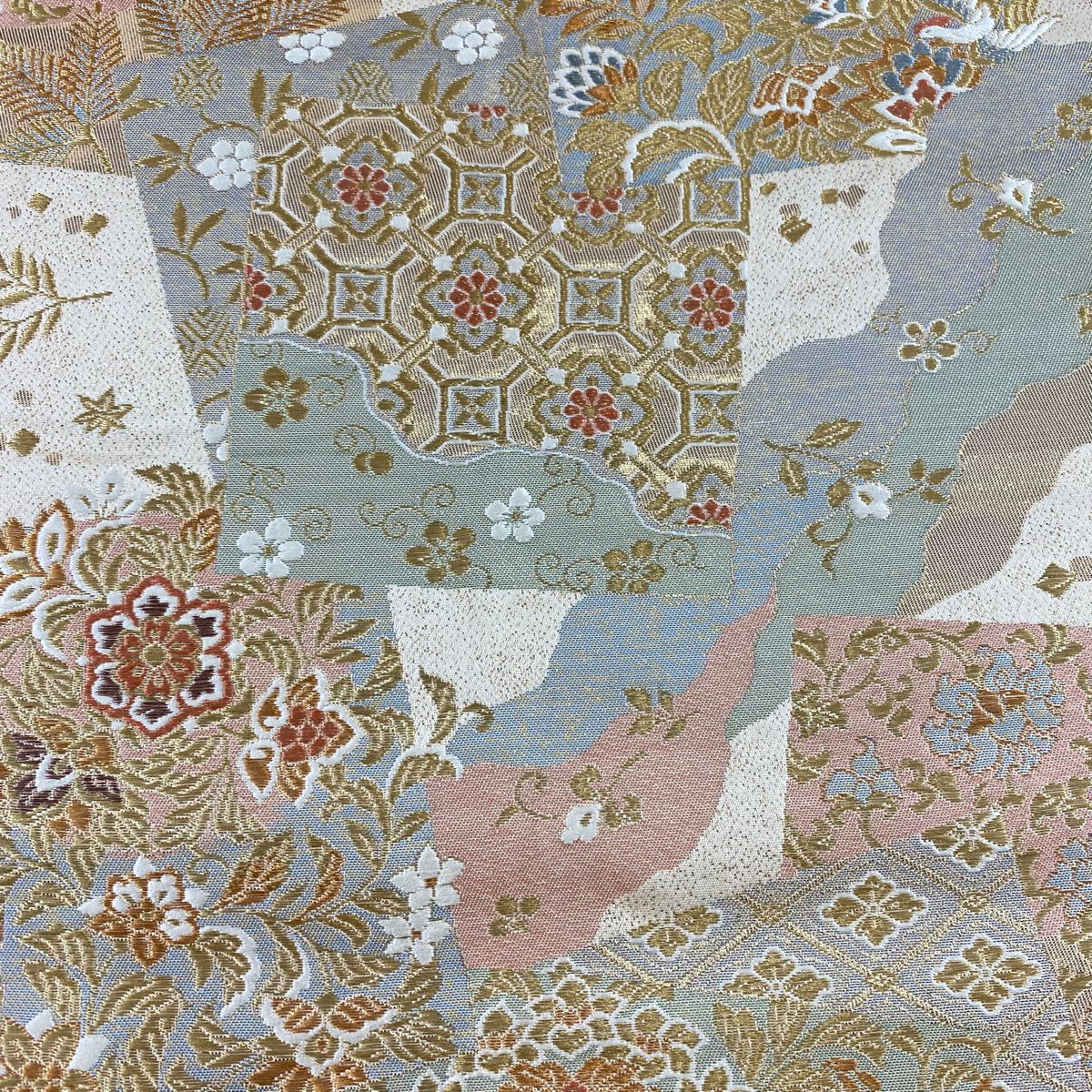 【美品】 袋帶 秀品級 關西仕立 色紙 向鳥 金絲 金金箔 米色 六通 純蠶絲